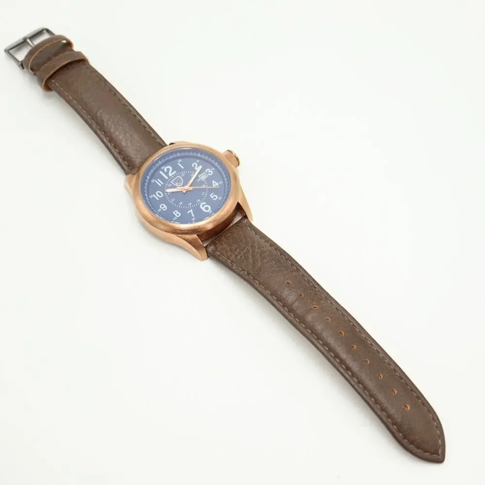 Picard & Cie Mens Blue Date 44mm Watch Rose Gold Tone Faux Leather w New Battery